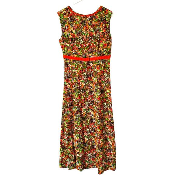 Vintage 60s Floral Orange Green Brown Empire Waist Midi Dress Velvet Ribbon - Picture 7 of 8